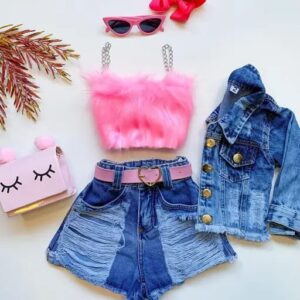 Denim Short And Matching Pink Set