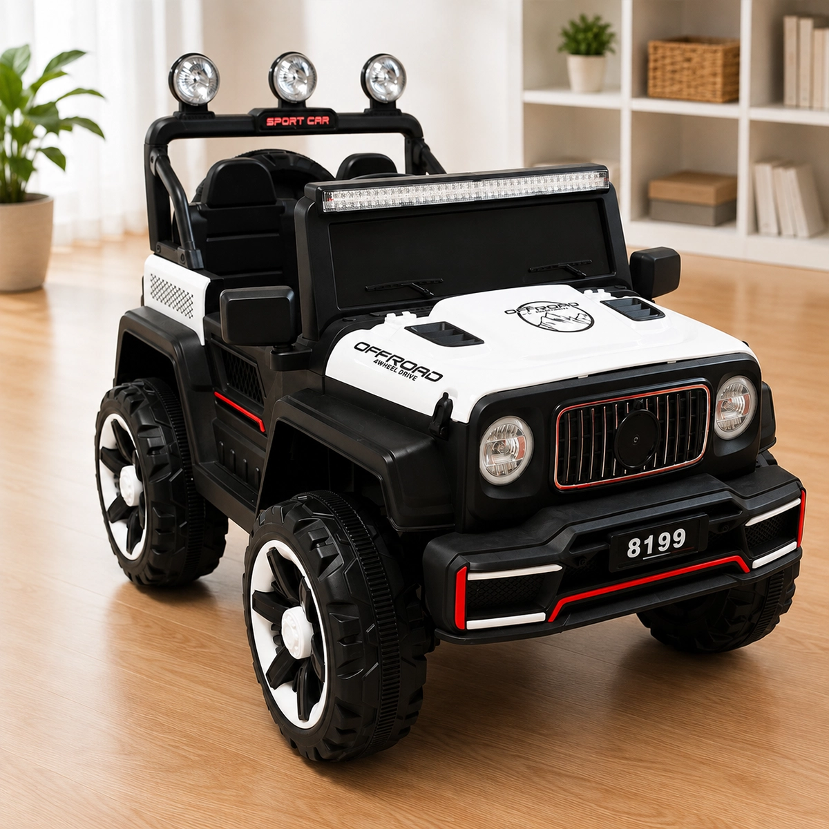 Kids Electric Off-Road Jeep Ride-On Car 8199 – White Battery Powered SUV with LED Light Bar