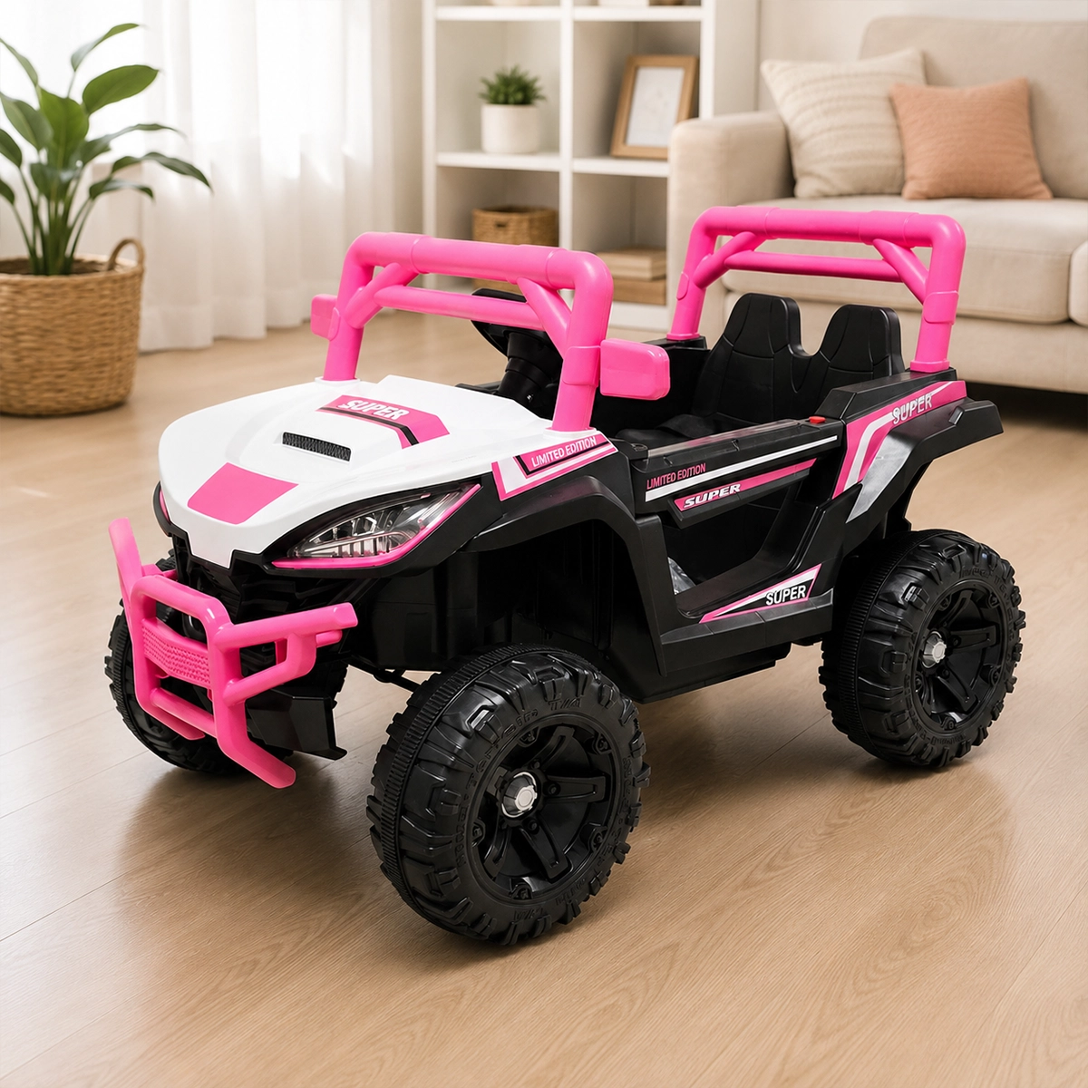 Kids Electric Off-Road UTV Ride-On Car – Pink & White 2-Seater Battery Powered Ride-On Jeep